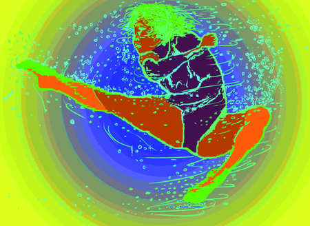 A young woman execute a movement in a mawashi geri abstract background gradientのイラスト素材