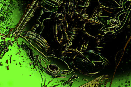 Abstract close-up on ingredients for a tenor saxophone in gold on green and black gradient backgroundのイラスト素材