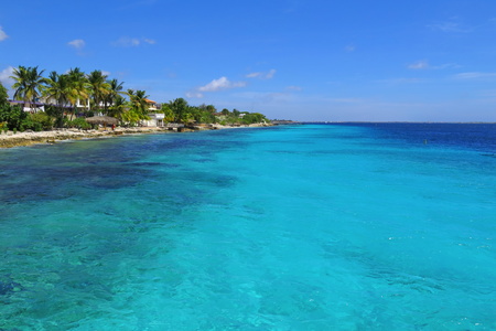 Blue sky, beautiful tropical azure sea water and coastline with green vegetation, palm trees and small romantic buildings.の写真素材