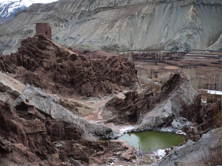 Basgo Monastery surrounded with stones and rocks , Ladakh, Jammu and Kashmir, Indiaの写真素材