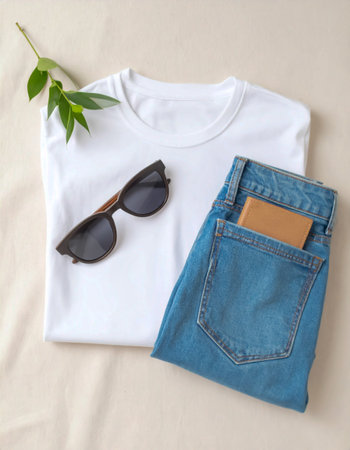 Flat lay image focusing on eco-friendly fashion essentials; white t-shirt, denim jeans, dark sunglasses, and a cork wallet, set against a neutral fabric backdrop.の素材