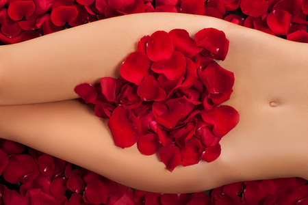 Women in roses. Cropped image of young women covered with rose petalsの写真素材