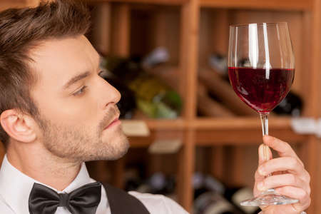 Confident sommelier. Side view of confident young sommelier holding a wine glass and examining itの写真素材