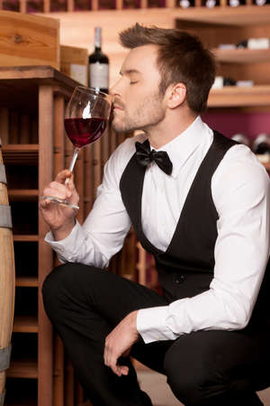 Confident sommelier  Thoughtful young sommelier smelling wine from the glass while sitting near wine barrelの写真素材