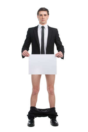 Man standing without pants and holding blank paperの写真素材