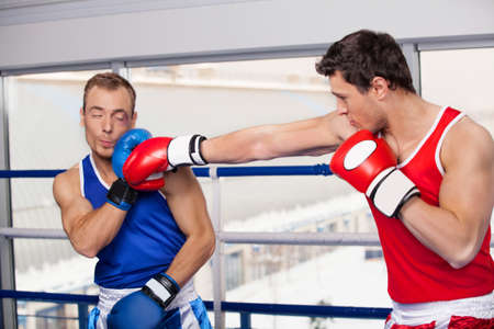 Men boxing. Two boxers fighting on the boxing ringの写真素材