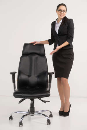 Beautiful businesswoman inviting to apply for vacant position. Concept of HR agency looking for employeesの写真素材