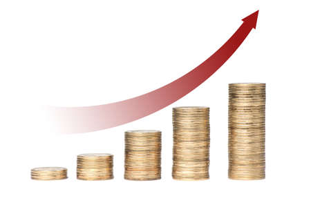 Stack of Gold Coins forming a Bar Graph with an Arrowの写真素材