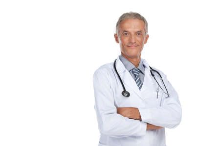 Smiling adult doctor looking at camera. Portrait isolated on whiteの写真素材