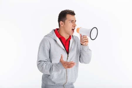 Instructor with megaphone. Coach Shouting in megaphoneの写真素材