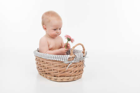 Cute little baby with beautiful flower sitting in basket. Full length isolated over white backgroundの写真素材