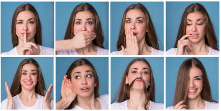 Collage of woman with different facial expressions. の写真素材