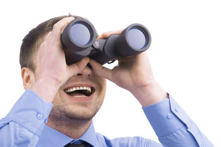 Business man with binoculars on white background. man wearing blue shirt holding binocularsの写真素材