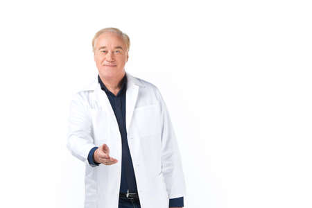 Close-up of outstretched hand of smiling scientist. Adult grey-haired man isolated on white...