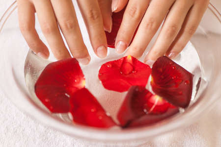 Woman hands in glass bowl with water on white towel. closeup of girl hands holding her beautiful hands in waterの写真素材