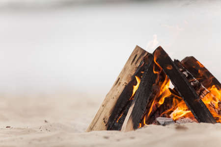 Beach campfire on lake with sand shore. burning wood on white sand in daytimeの写真素材