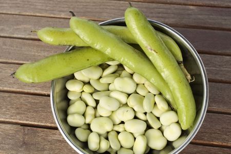 Bowl of broad beans and pods on garden tableの写真素材