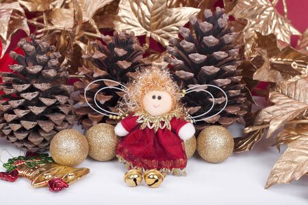 Christmas decorations closeup over whiteの写真素材