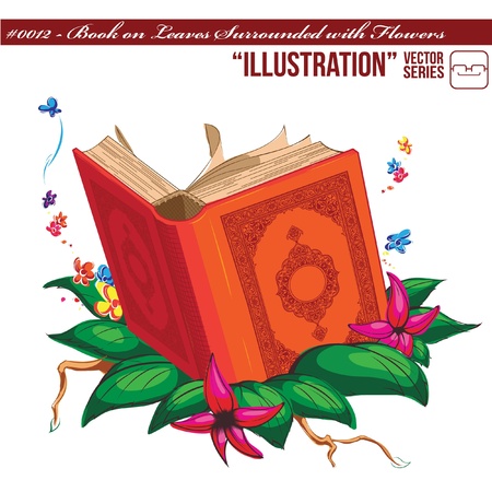  Illustration #0012 - Book on Leaves Surrounded with Flowersのイラスト素材