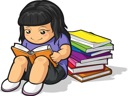 Cartoon of Girl Student Studying & Reading Bookのイラスト素材