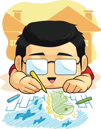 Cartoon of Boy Loves Drawing   Doodlingのイラスト素材