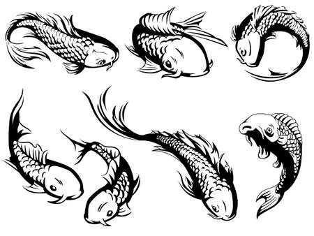Silhouette japanese carp koi fish swimming illustration isolated vector outline setのイラスト素材