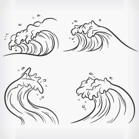 Doodle Ocean Wave Handdrawn Outline Sketch Beach Vector Drawingのイラスト素材