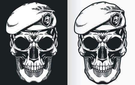 A silhouette contour of a Navy SEAL skull with baret from front view perspectiveのイラスト素材
