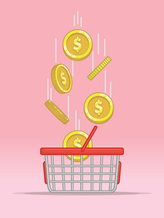 Shopping Basket Coin Drops Falling Aboveのイラスト素材