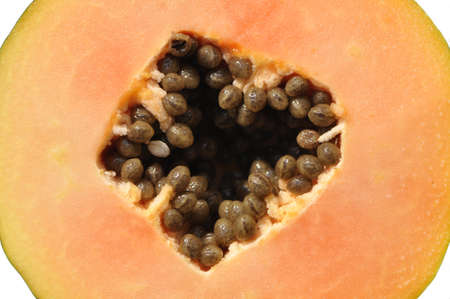 Close up of a papaya cut in half with black seeds and white backgroundの写真素材