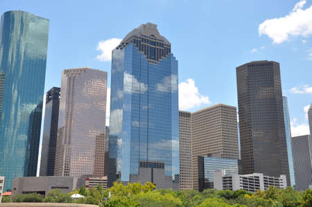 Houston Texas skyline with a bright blue skyの写真素材