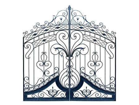 Old-time forged decorative gates. Isolated over white background.の写真素材