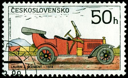 Czechoslovakia - CIRCA 1988: a stamp printed by Czechoslovakia shows old-time classical car Laurin and Klement, circa 1988の写真素材
