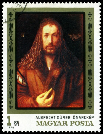 HUNGARY -CIRCA 1978: a stamp printed by Hungary shows a picture of artist Albrecht Durer. Self - portrait. series, circa 1978の写真素材