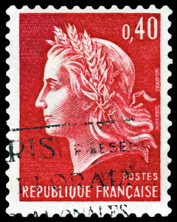 France - CIRCA 1967:  A stamp printed in France,  shows  Marianne - Symbol of the French republic, circa 1967.の写真素材