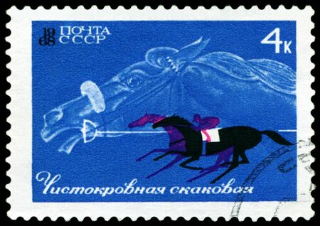 USSR- CIRCA 1968: a stamp  printed  USSR  by  shows Thoroughbred and horse  Race, circa 1968の写真素材
