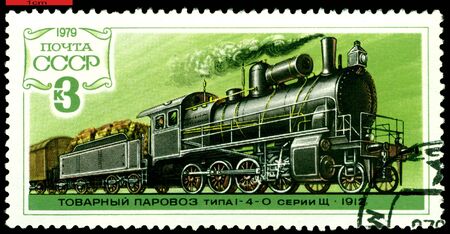 USSR - CIRCA 1979: A Stamp printed in the  USSR  shows  antique  russian locomotive type 1-4-0  series  ï¿½ - 1912, series, circa 1979の写真素材