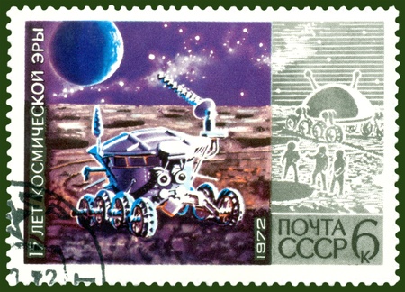 USSR - CIRCA 1972: a stamp printed by  USSR  shows  astronauts on the Moon, circa 1972の写真素材
