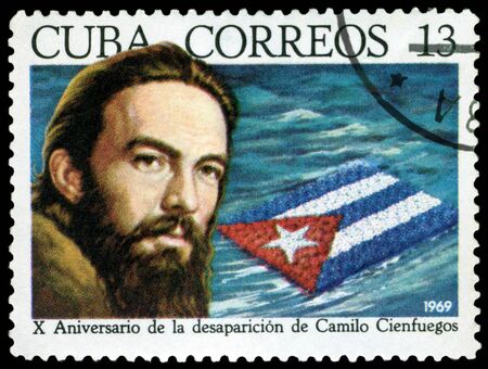 Cuba -CIRCA 1969: A Stamp printed in the Cuba  shows portrait Camilo Cienfuegos. 10 years  of the Cuban revolution, circa 1969の写真素材