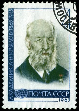 USSR -CIRCA 1963: A Stamp printed in the USSR  shows portrait  A. N. Krylov - the russian academician, shipbuilder, writer, circa 1963の写真素材