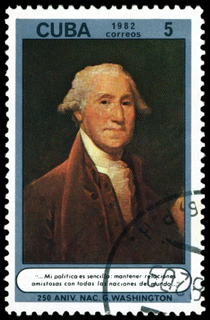 CUBA - CIRCA 1982: A stamp printed in Cuba shows portrait   George Washington, 250th Birth Anniv., series の写真素材