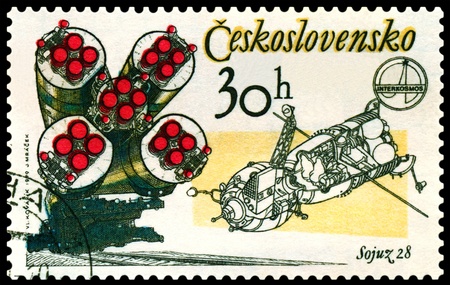 CZECHOSLOVAKIA - CIRCA 1978: A post stamp printed in  Czechoslovakia  shows  Soyuz 28.  Rockets  and Capsule.  Circa 1978の写真素材