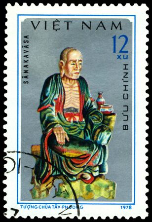VIETNAM - CIRCA 1978: A stamp printed in Vietnam  shows  sculpture  Sanacavasa , Sculptures  from  Tay Phuong  Pagoda, series, circa 1978の写真素材