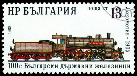 Bulgaria - CIRCA 1988: A Stamp printed in the  Bulgaria  shows  antique  locomotive - 1905, series, circa 1988の写真素材