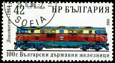 Bulgaria - CIRCA 1988: A Stamp printed in the  Bulgaria  shows  antique  locomotive - 1964, series, circa 1988の写真素材