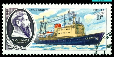 USSR - CIRCA 1980: stamp printed by USSR, shows ship Otto Shmidt, series Scientifically - an exploratory fleet USSR, circa 1980 の写真素材