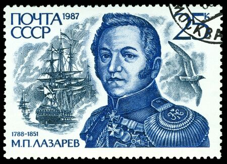 USSR - CIRCA 1987  A stamp printed in USSR, shows portrait russian  Admiral  M  P  Lazarev  1788 -1851 , Battle of Navarin, circa 1987 のeditorial素材