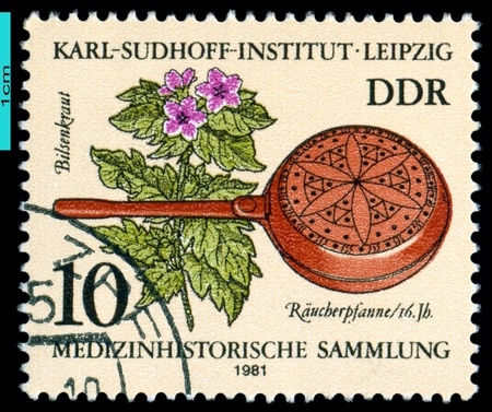 GDR - CIRCA 1981  A stamp printed in the GDR shows  Henbana, censer, 16th cent  Historic medical instruments, Karl Sudhoff Institute, Leipzig, series, circa 1981の写真素材