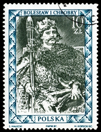 POLAND  - CIRCA 1987  a stamp printed by Poland shows portrait King Boleslav Brave  First King of the Poland  967 - 1025 , circa 1987の写真素材
