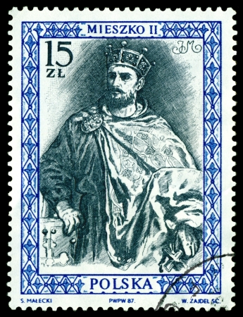 POLAND  - CIRCA 1987  a stamp printed by Poland shows portrait King Mieszko II  King of the Poland  990 - 1034 , circa 1987の写真素材